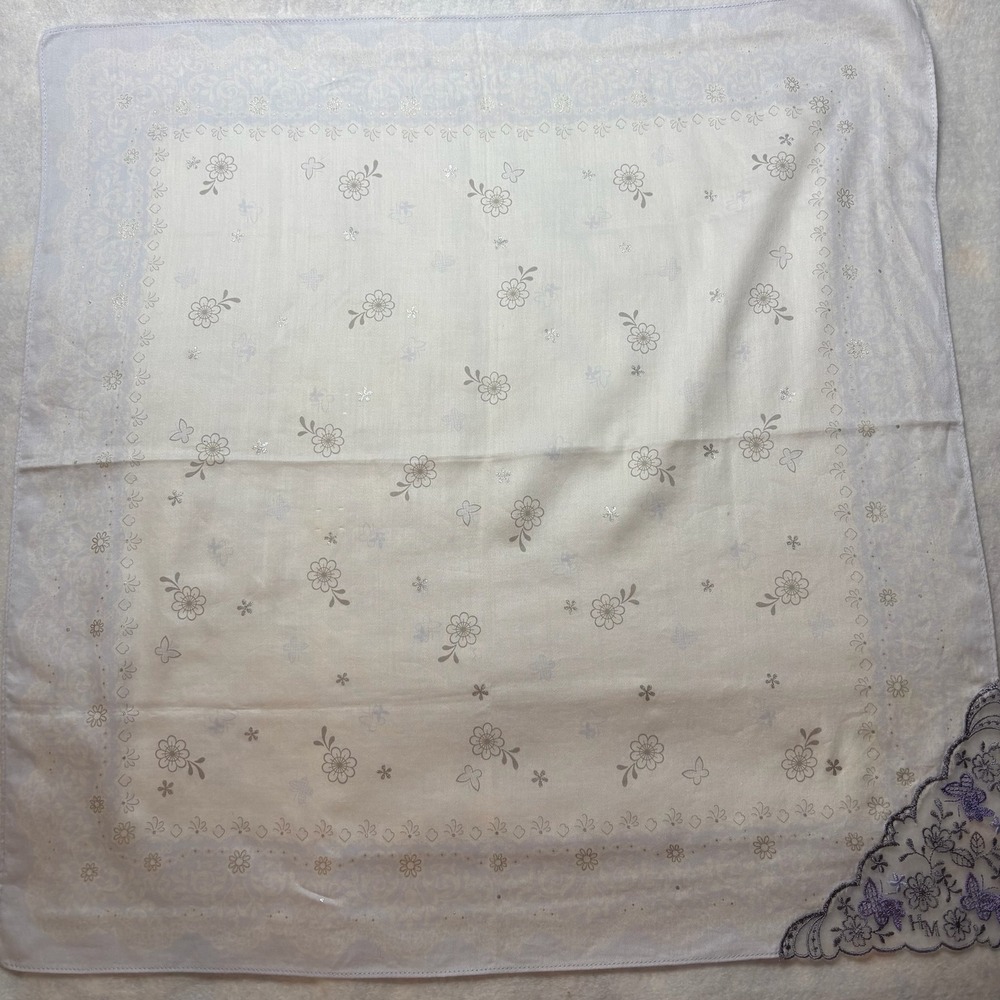 Vtg HANAE MORI Scarf Handkerchief Floral Butterfly Cotton Blend Light Blue 19.5"